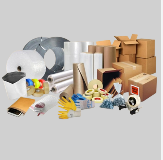 Assorted packing materials — tapes, stretch film, bubble roll, straps and cartons